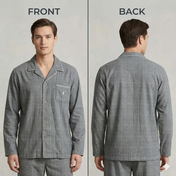 Polo Ralph Lauren Mens Grey Windowpane Flannel Pajama Shirt Sleep Top Size M New - Picture 5 of 16